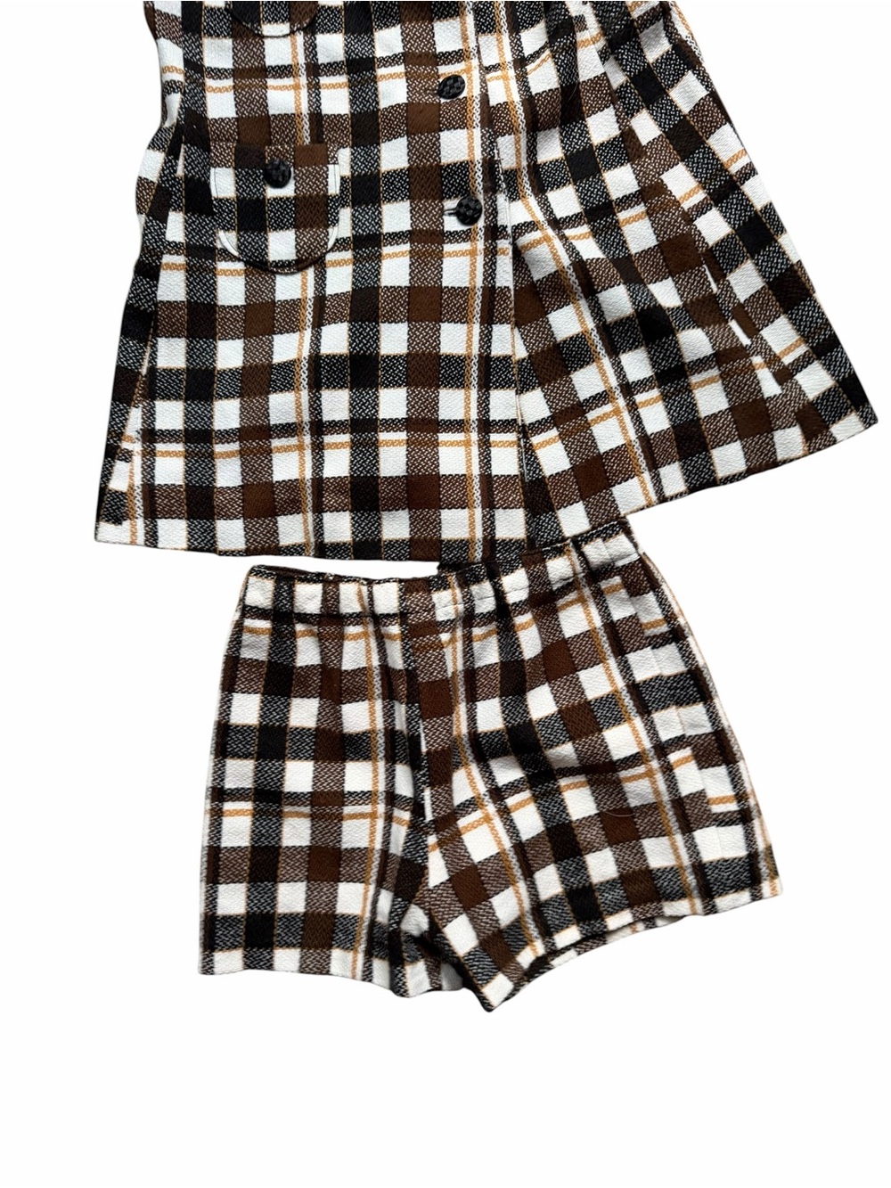 1970s Plaid Textured Double-Knit Poly Blend 2-Piece Tunic & Playsuit Shorts - Picture 3 of 4